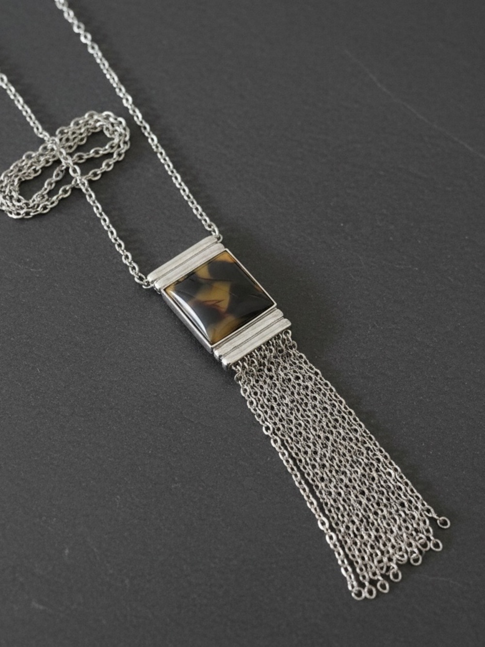 Silver Chain Necklace with Blue Rectangular Pendant and Fringe - Picture 2 of 4